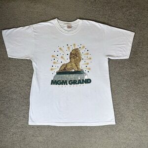 Vintage MGM Grand Casino Hotel Las Vegas Lion Mens L‎ White T-shirt Glitter Deta